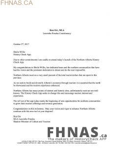MLA Ron Orr - Letter of Support - FHNAS - History Check
